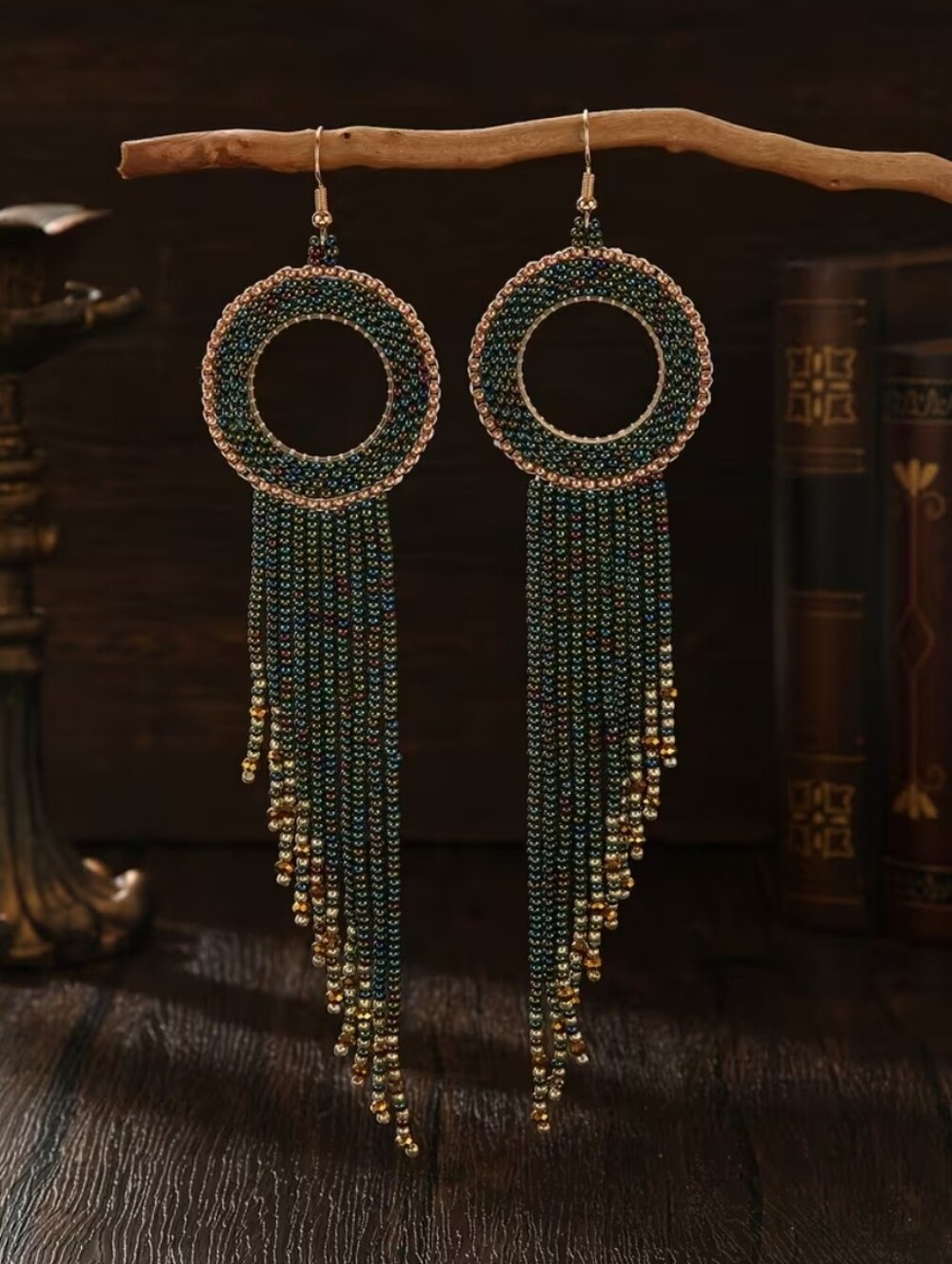 Iridescent Green & Gold Beaded Earrings